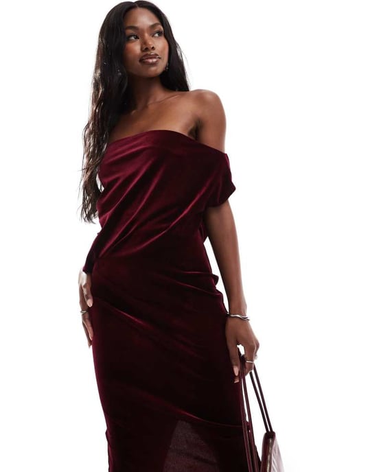 ASOS DESIGN dramatic neckline velvet midi dress in burgundy - Image 4