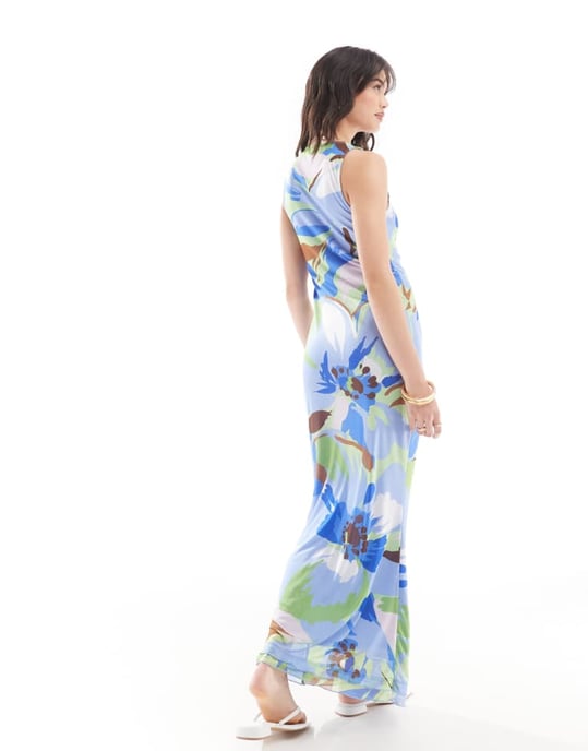 Vero Moda – Blå blommig ärmlös klänning i mesh med salladskant - Image 3