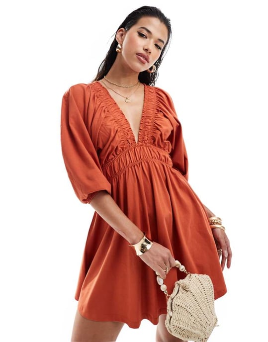ASOS DESIGN plunge elastic tea mini dress with ruched waist in terracotta - Image 1