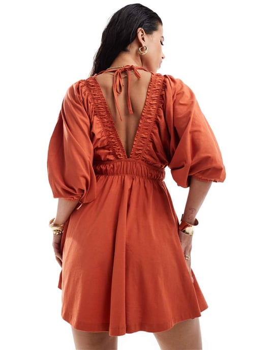 ASOS DESIGN plunge elastic tea mini dress with ruched waist in terracotta - Image 2