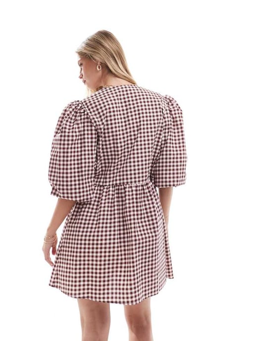 ASOS DESIGN poplin tie front mini dress in brown gingham - Image 4