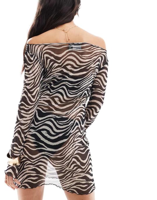 ASOS DESIGN beach mesh long sleeved mini dress in zebra print - Image 4