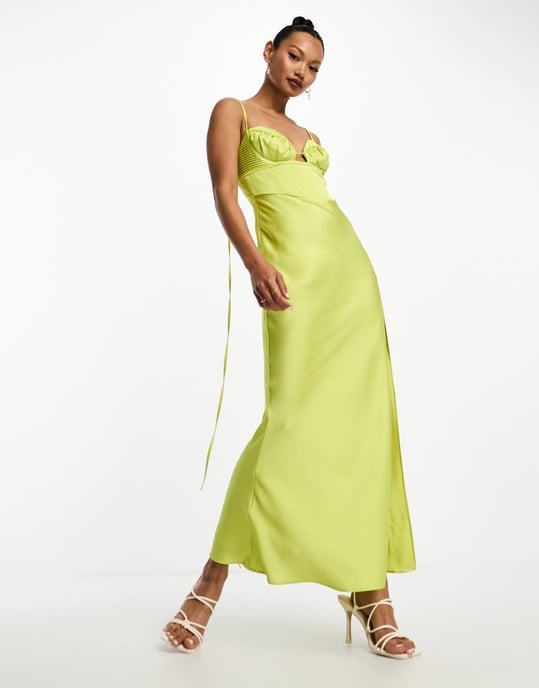 ASOS DESIGN – Limegrön midiklänning i satin med korsettdetalj och urringning - Image 4