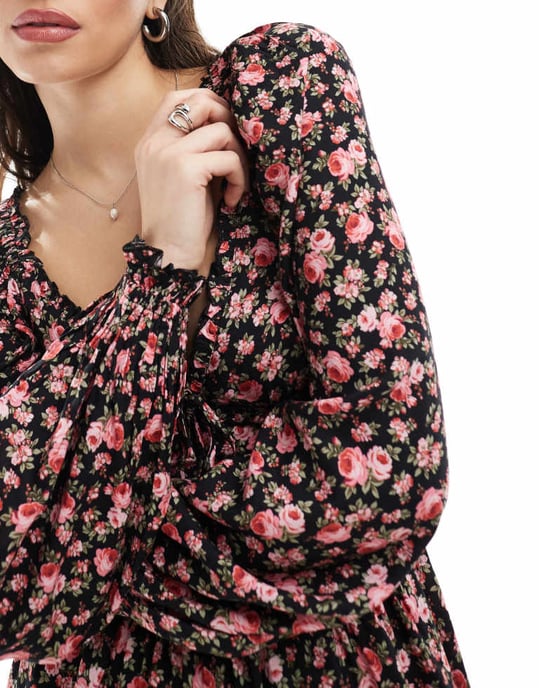 Miss Selfridge ruffle tie front mini tea dress in rose print - Image 3