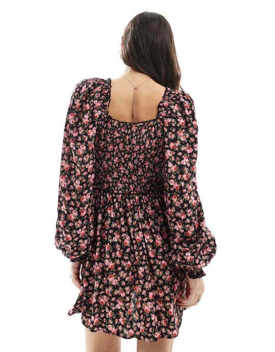 Miss Selfridge ruffle tie front mini tea dress in rose print - Image 4