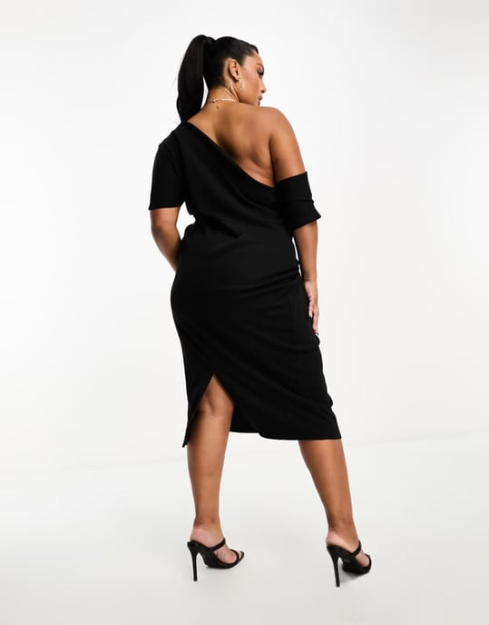 ASOS DESIGN Curve – Svart midiklänning med plisserade axlar och pennficka - Image 2