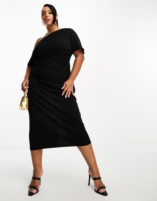 ASOS DESIGN Curve – Svart midiklänning med plisserade axlar och pennficka - Image 4