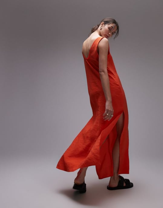 Topshop – Röd midiklänning med rund halsringning och råa kanter - Image 3