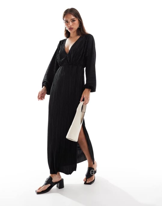ASOS DESIGN blouson sleeve plisse dress in black - Image 1