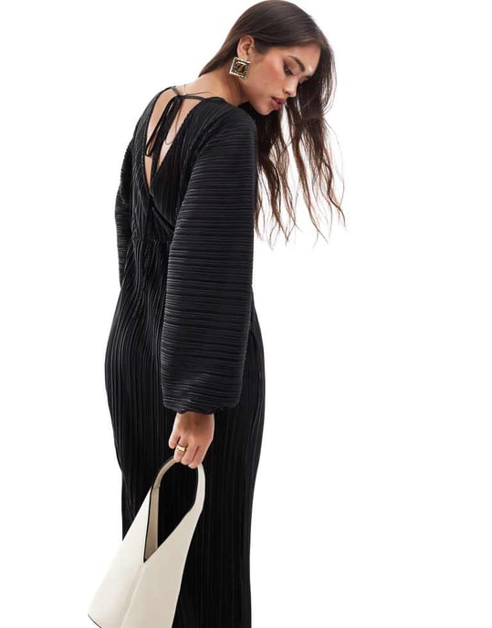 ASOS DESIGN blouson sleeve plisse dress in black - Image 2