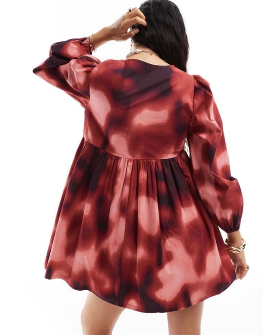 ASOS DESIGN cotton v-neck mini smock dress in blurred print - Image 4