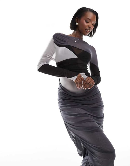 ASOS DESIGN – Off shoulder-klänning i mesh med rynkade detaljer i ton-i-ton färgblock - Image 2