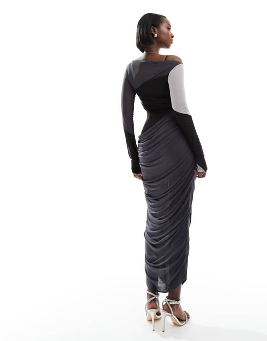 ASOS DESIGN – Off shoulder-klänning i mesh med rynkade detaljer i ton-i-ton färgblock - Image 4