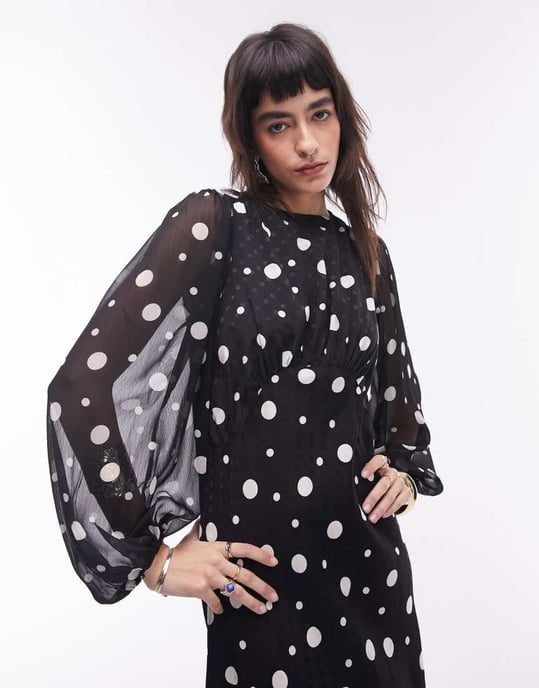 Topshop – Prickig midiklänning med rynkad byst och jacquardmönster - Image 2