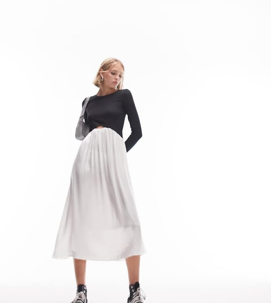 Topshop Petite – Svart och elfenbensvit midiklänning i jersey- och satinblandning - Image 1
