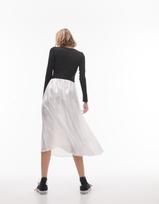 Topshop Petite – Svart och elfenbensvit midiklänning i jersey- och satinblandning - Image 2
