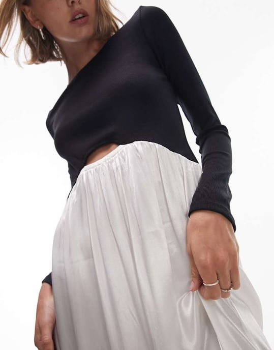Topshop Petite – Svart och elfenbensvit midiklänning i jersey- och satinblandning - Image 3
