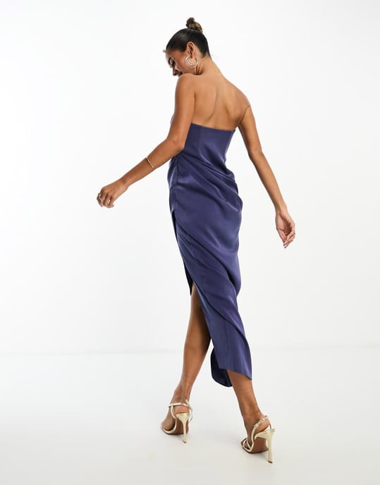 ASOS DESIGN – Indigofärgad midiklänning i satin med korsett och drapering - Image 2