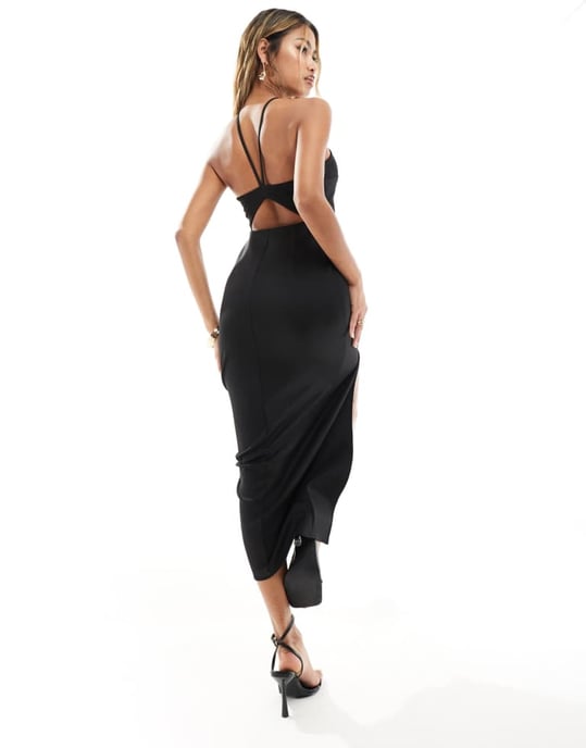 ASOS DESIGN halterneck midi dress with wrap skirt in black - Image 3