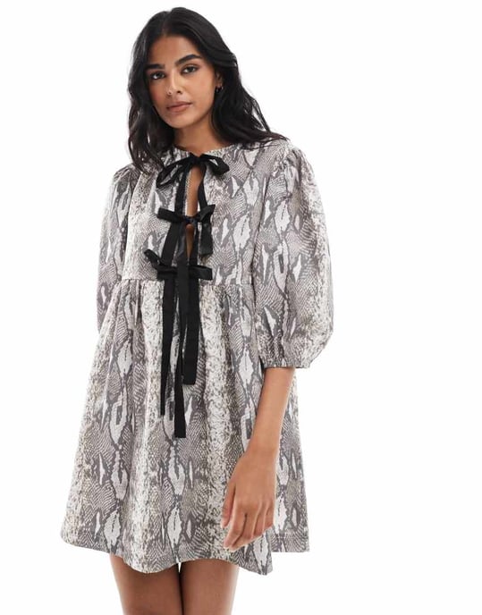 ASOS DESIGN bow tie front mini smock dress in snake print - Image 2