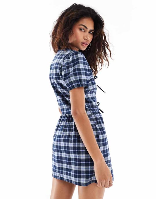 Motel byan bow detail tartan mini dress in dark blue - Image 2