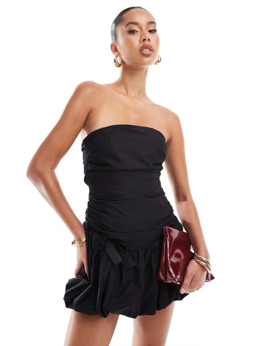 ASOS DESIGN ultimate bandeau mini puffball dress with bow skirt in black - Image 2