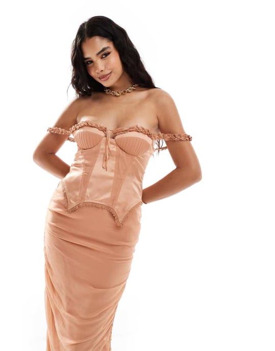 ASOS DESIGN off the shoulder satin corset detail chiffon ruched midi dress in terracotta - Image 1