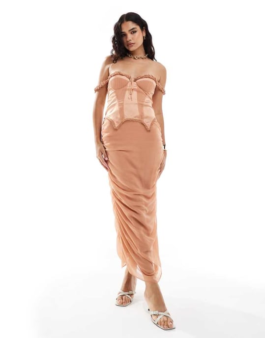 ASOS DESIGN off the shoulder satin corset detail chiffon ruched midi dress in terracotta - Image 2