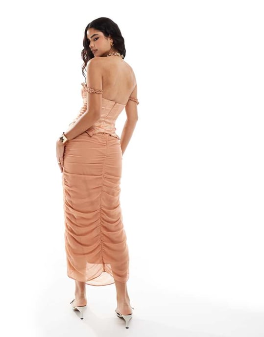 ASOS DESIGN off the shoulder satin corset detail chiffon ruched midi dress in terracotta - Image 4
