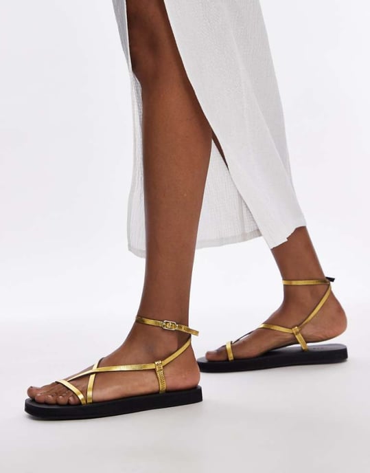 Topshop Jules leather minimal strappy flat sandals in gold - Image 1