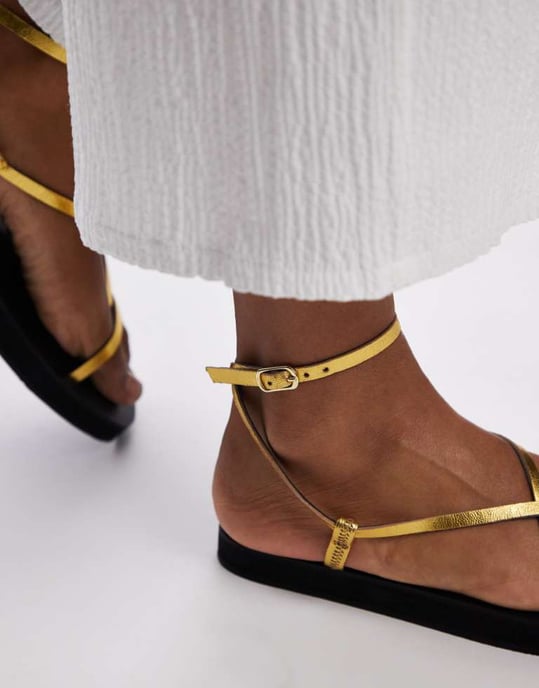 Topshop Jules leather minimal strappy flat sandals in gold - Image 3