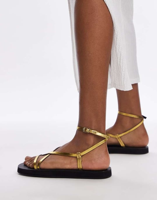Topshop Jules leather minimal strappy flat sandals in gold - Image 4