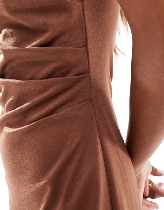 ASOS DESIGN slash neck ponte mini dress with ruched side detail in chocolate - Image 3