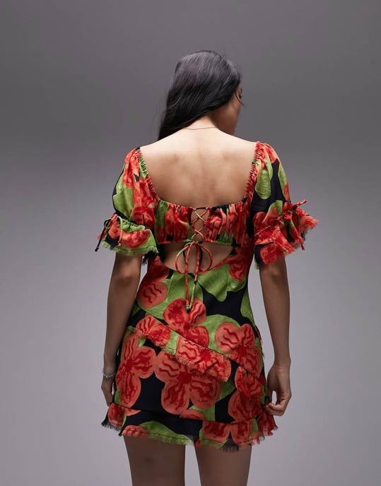 Topshop – Röd blommig teklänning med volang och råa sömmar - Image 4