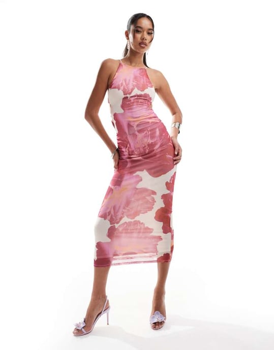 ASOS DESIGN – Rosa blommig midiklänning med halterneck och extremt utskuren detalj baktill - Image 4