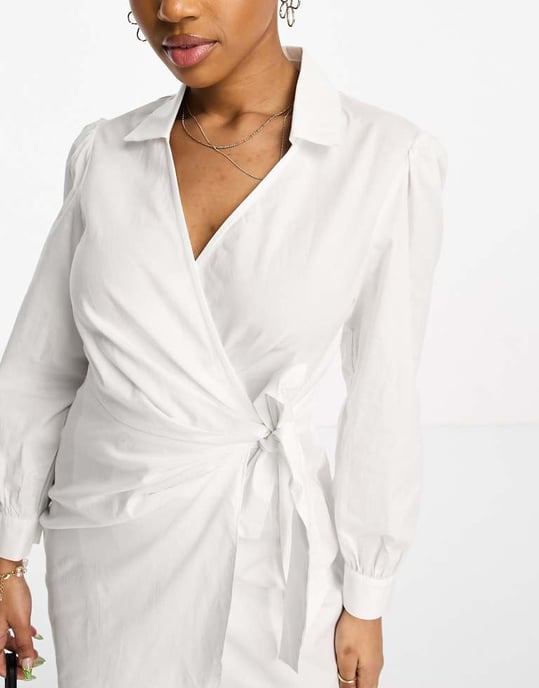 Miss Selfridge poplin wrap shirt dress in white - Image 3