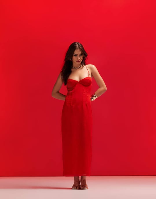 ASOS DESIGN cupped panelled chiffon midi pencil dress with cut out detail  in bright red