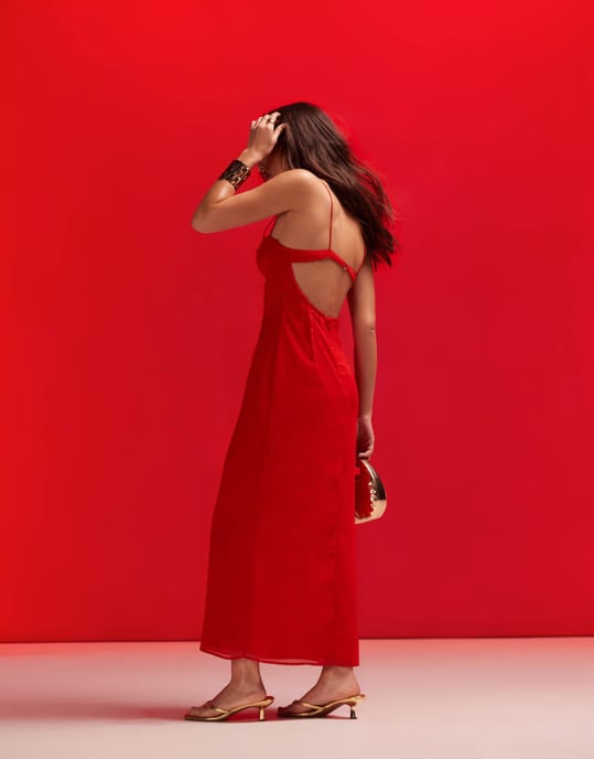 ASOS DESIGN cupped panelled chiffon midi pencil dress with cut out detail  in bright red