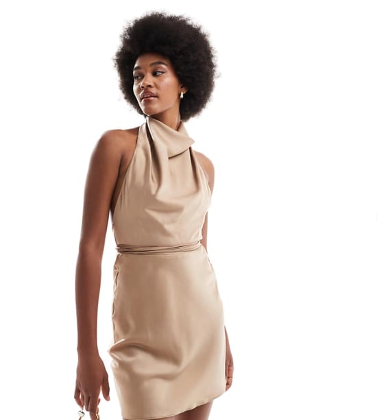 ASOS DESIGN Tall satin cowl neck mini dress with tie waist in taupe - Image 1