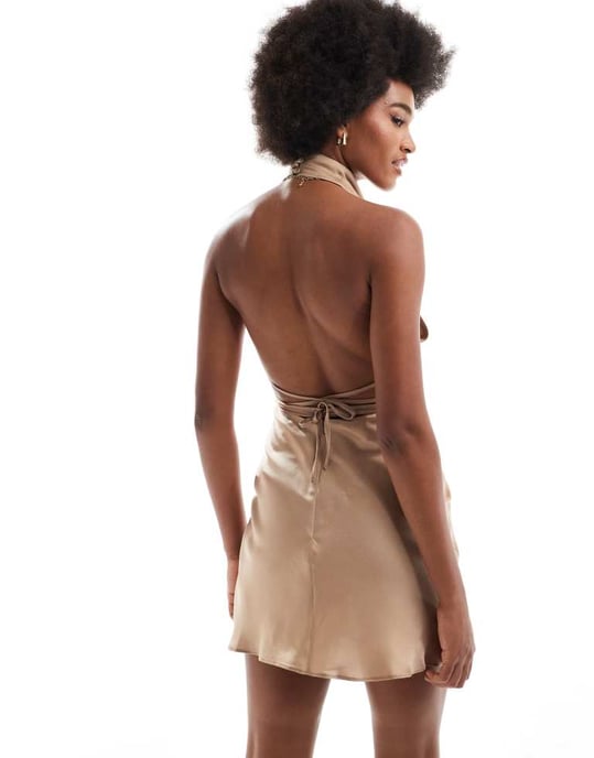 ASOS DESIGN Tall satin cowl neck mini dress with tie waist in taupe - Image 4