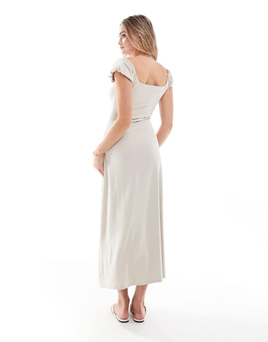 ASOS DESIGN puffärmad klänning med fyrkantig halsringning i midi-längd i stenblandning - Image 2