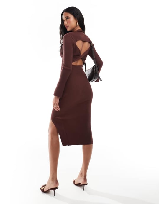 In The Style high neck fluted sleeve open twist back mid jumper dress in chocolate - Image 1