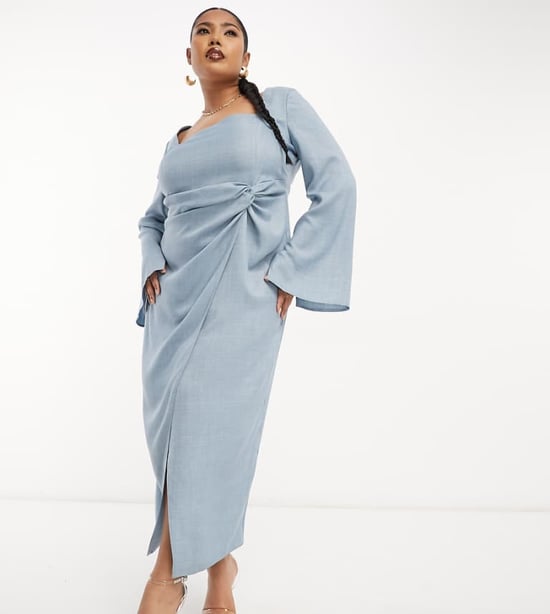 ASOS DESIGN Curve – Blå midiklänning med fyrkantig halsringning och räfflade ärmar - Image 1