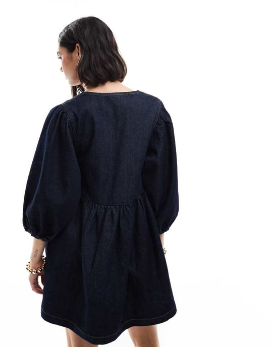 ASOS DESIGN denim puff sleeve dress in indigo - Image 3