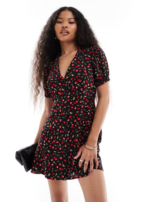 Miss Selfridge button through mini tea dress in cherry print - Image 1