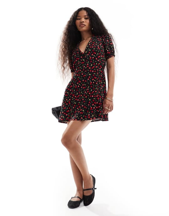 Miss Selfridge button through mini tea dress in cherry print - Image 2