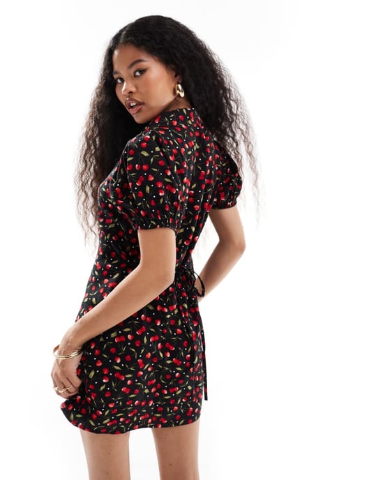 Miss Selfridge button through mini tea dress in cherry print - Image 4