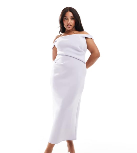 ASOS DESIGN Curve – Lila midiklänning med bardotmönster och pennficka - Image 1