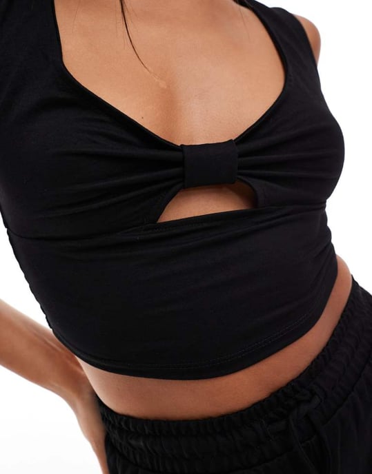 ONLY Petite shirred cropped top co-ord in black - Image 3