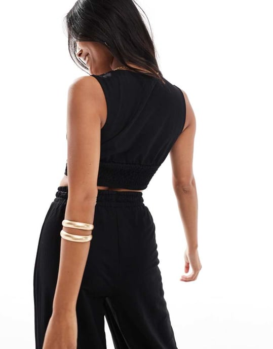 ONLY Petite shirred cropped top co-ord in black - Image 4